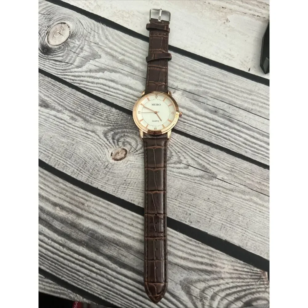 Meibo Rose Gold Tone Brown Band Quartz Watch